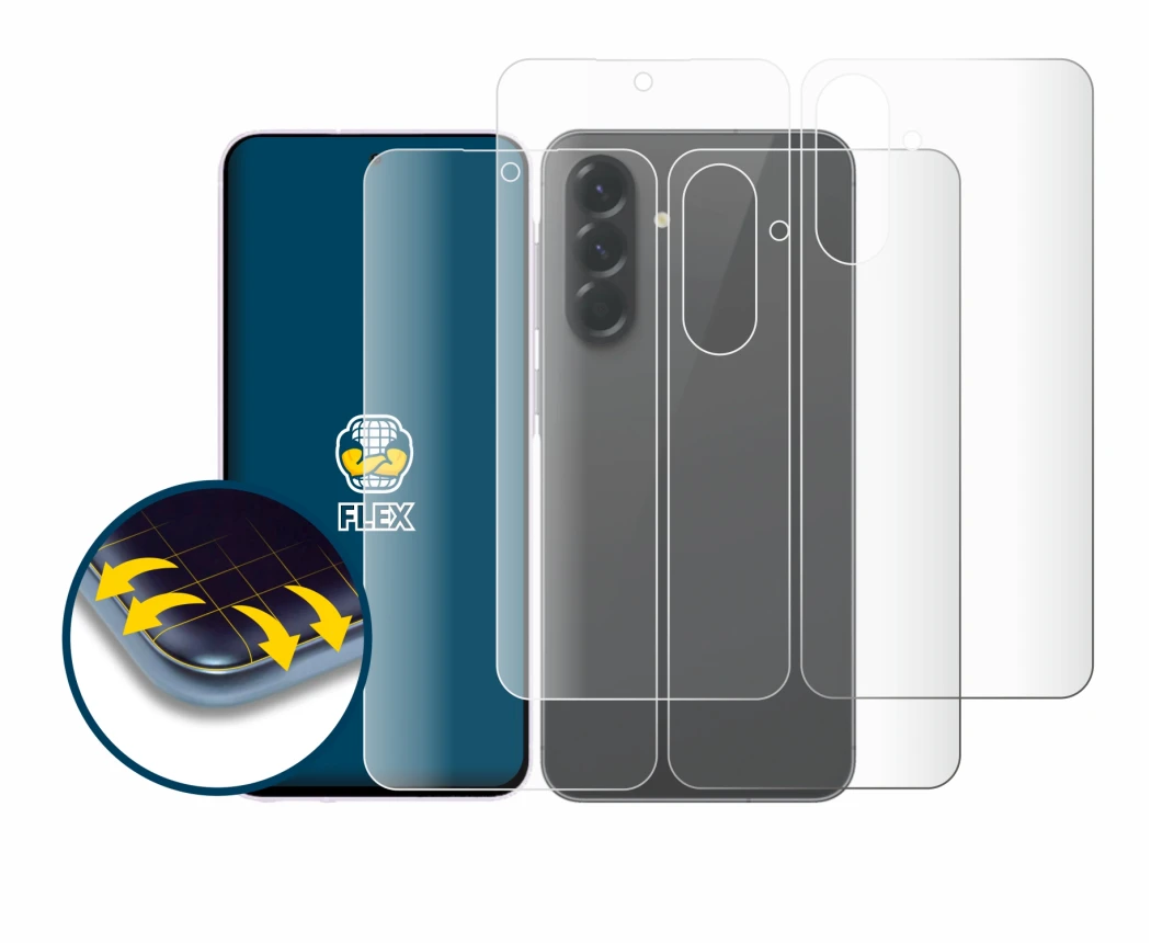 Image de l'appareil Samsung Galaxy A56 5G (Avant+Arrière) avec une grande variété de protections d'écran.