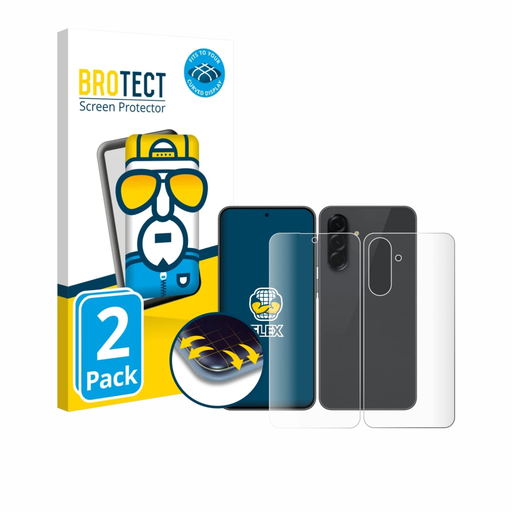 Face avant d’un emballage produit avec le logo de la marque BROTECT. À côté, l’appareil Samsung Galaxy A36 5G (Avant+Arrière) 