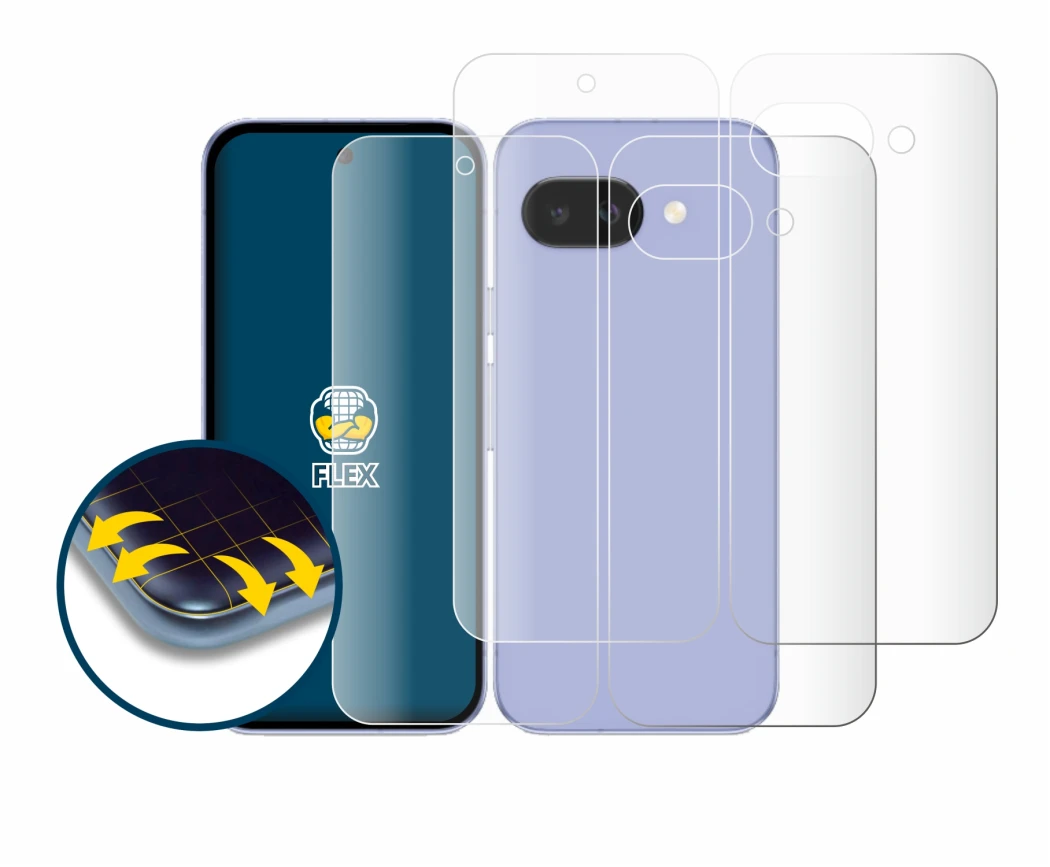 Image de l'appareil Google Pixel 9a (Avant+Arrière) avec une grande variété de protections d'écran.