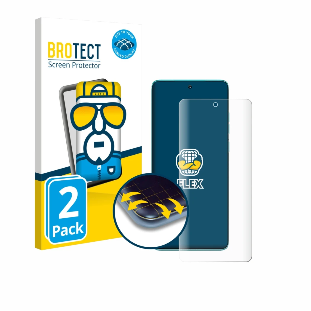 Face avant d’un emballage produit avec le logo de la marque BROTECT. À côté, l’appareil Motorola Edge 60 est représenté avec l