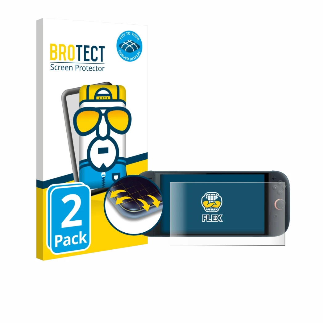 Face avant d’un emballage produit avec le logo de la marque BROTECT. À côté, l’appareil Nintendo Switch 2 est représenté avec