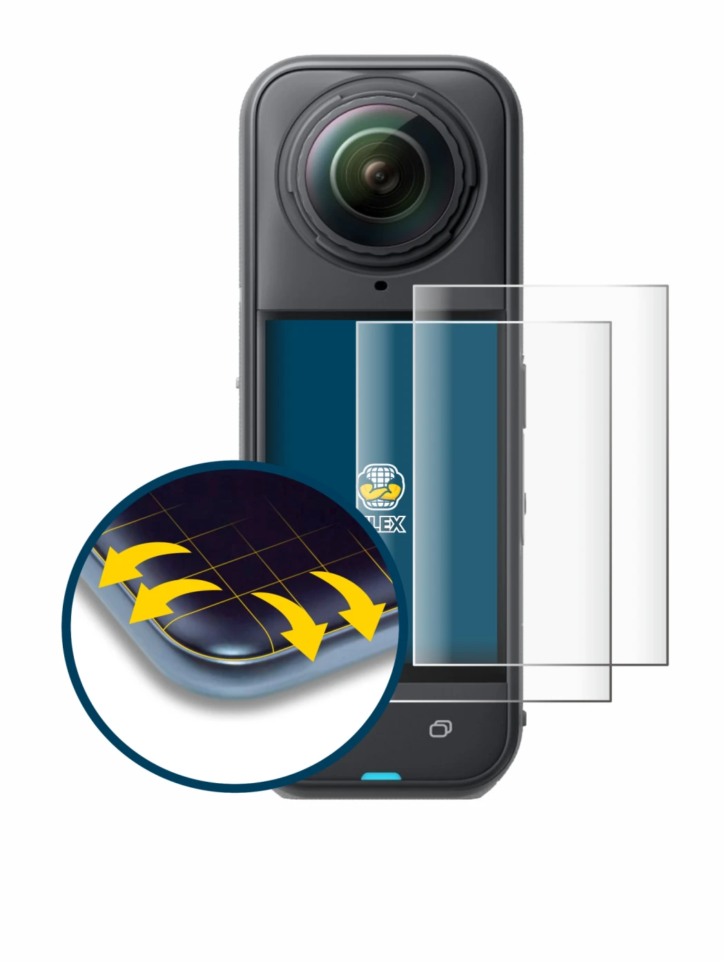 Image de l'appareil Insta360 X5 avec une grande variété de protections d'écran.