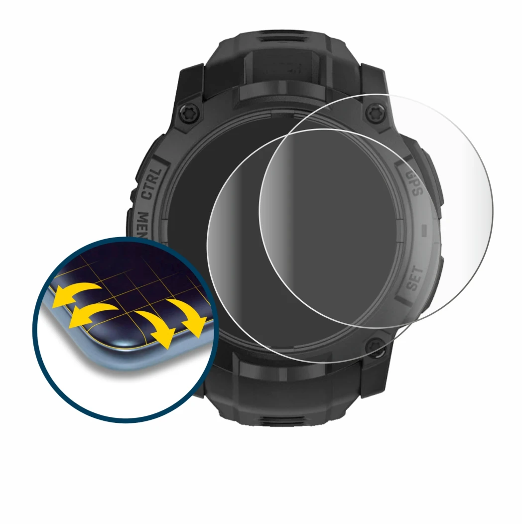 Image de l'appareil Garmin Instinct 3 Solar Tactical Edition (50 mm) avec une grande variété de protections d'écran.