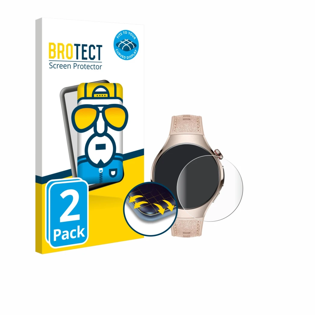 Face avant d’un emballage produit avec le logo de la marque BROTECT. À côté, l’appareil Huawei Watch 5 (42 mm) est représenté