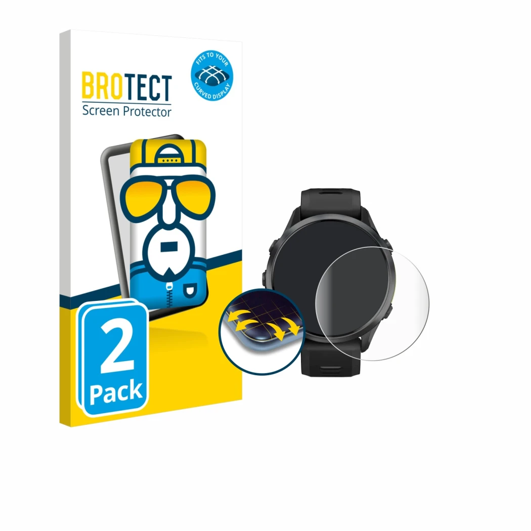 Face avant d’un emballage produit avec le logo de la marque BROTECT. À côté, l’appareil Garmin Forerunner 970 est représenté a