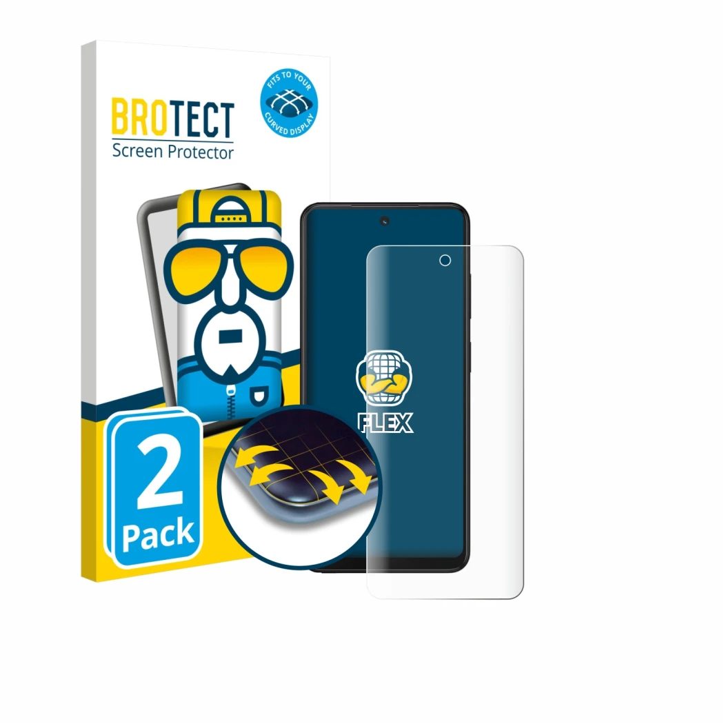 Face avant d’un emballage produit avec le logo de la marque BROTECT. À côté, l’appareil Xplora HMD Fusion X1 est représenté av