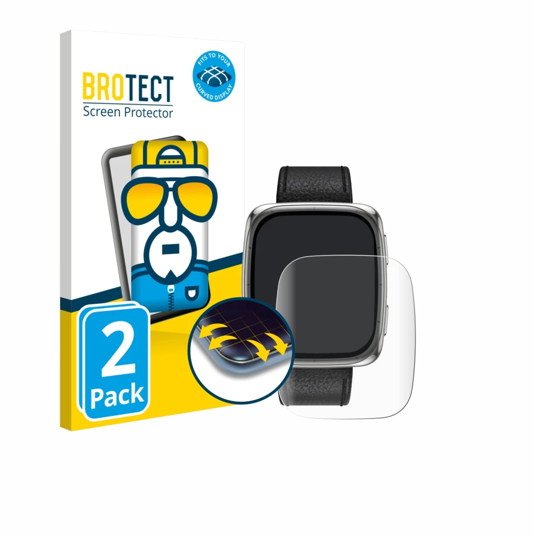Face avant d’un emballage produit avec le logo de la marque BROTECT. À côté, l’appareil Amazfit Active 2 (rectangulaire) est r