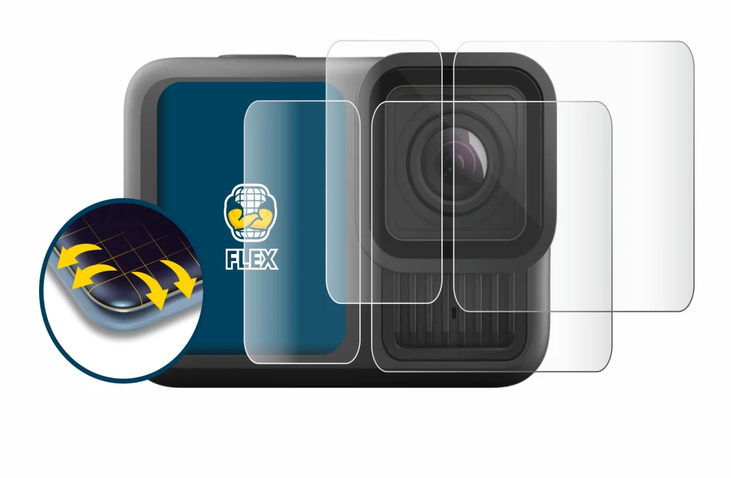 Image de l'appareil GoPro Hero 13 Black Ultra Wide Edition avec une grande variété de protections d'écran.