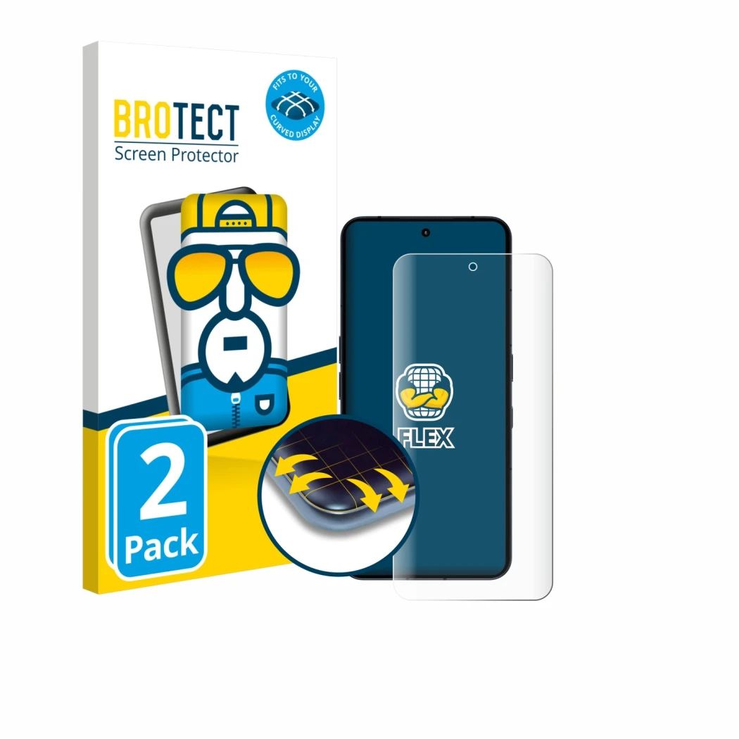 Face avant d’un emballage produit avec le logo de la marque BROTECT. À côté, l’appareil Nothing Phone (3) est représenté avec