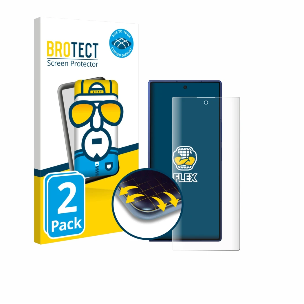 Face avant d’un emballage produit avec le logo de la marque BROTECT. À côté, l’appareil Samsung Galaxy Z Fold 7 est représenté