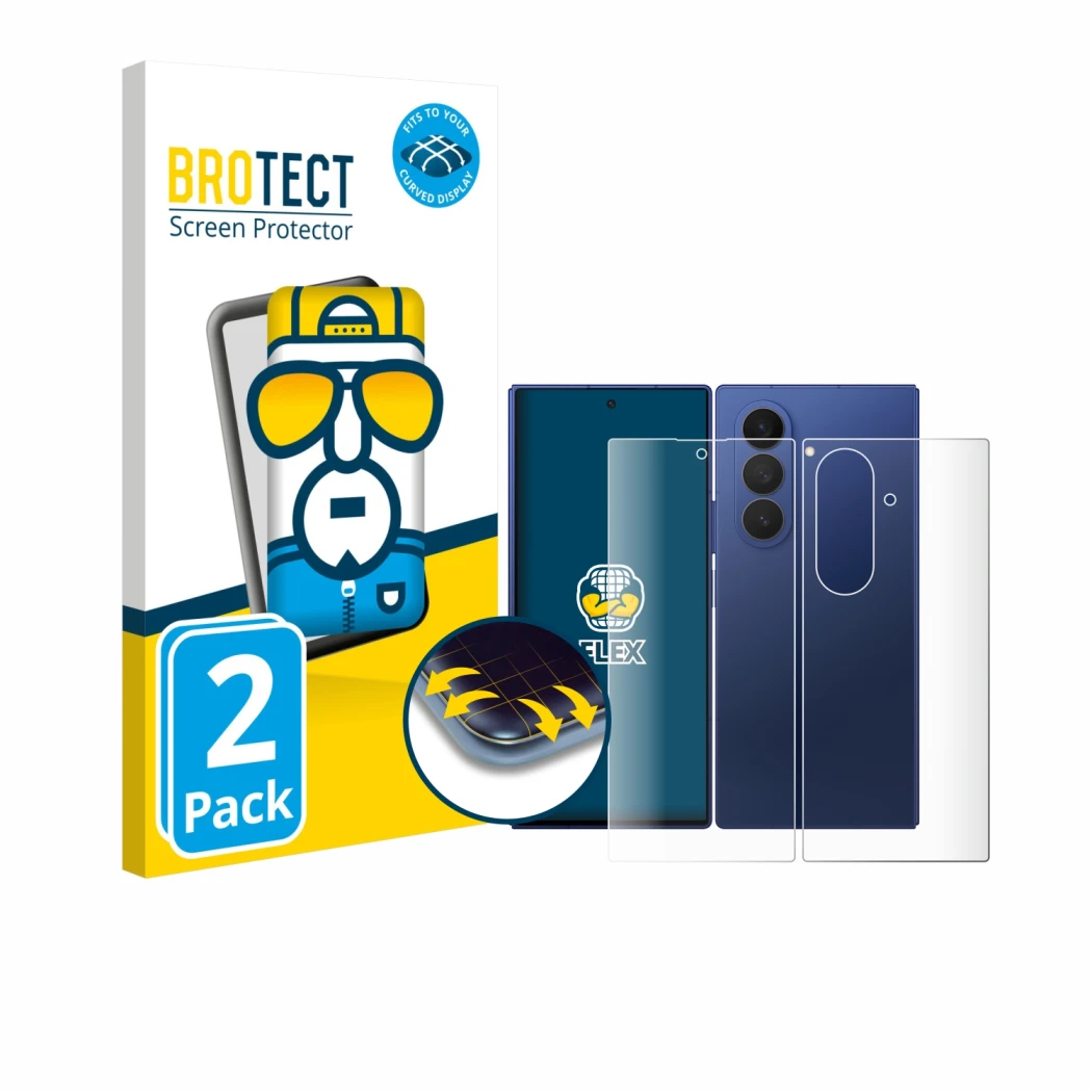 Face avant d’un emballage produit avec le logo de la marque BROTECT. À côté, l’appareil Samsung Galaxy Z Fold 7 (Avant+Arrière