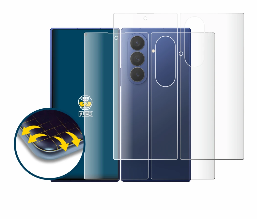 Image de l'appareil Samsung Galaxy Z Fold 7 (Avant+Arrière) avec une grande variété de protections d'écran.