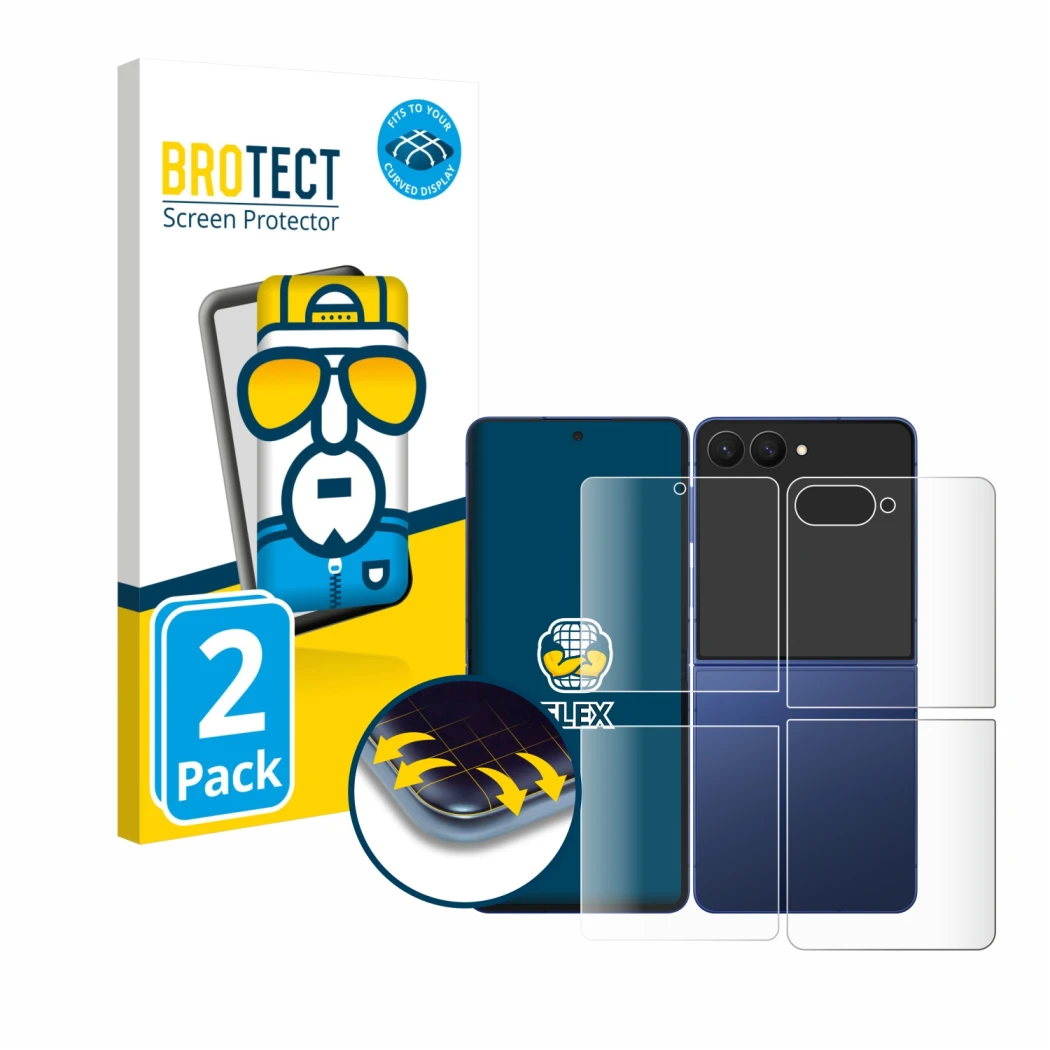 Face avant d’un emballage produit avec le logo de la marque BROTECT. À côté, l’appareil Samsung Galaxy Z Flip 7 (Avant+Arrière