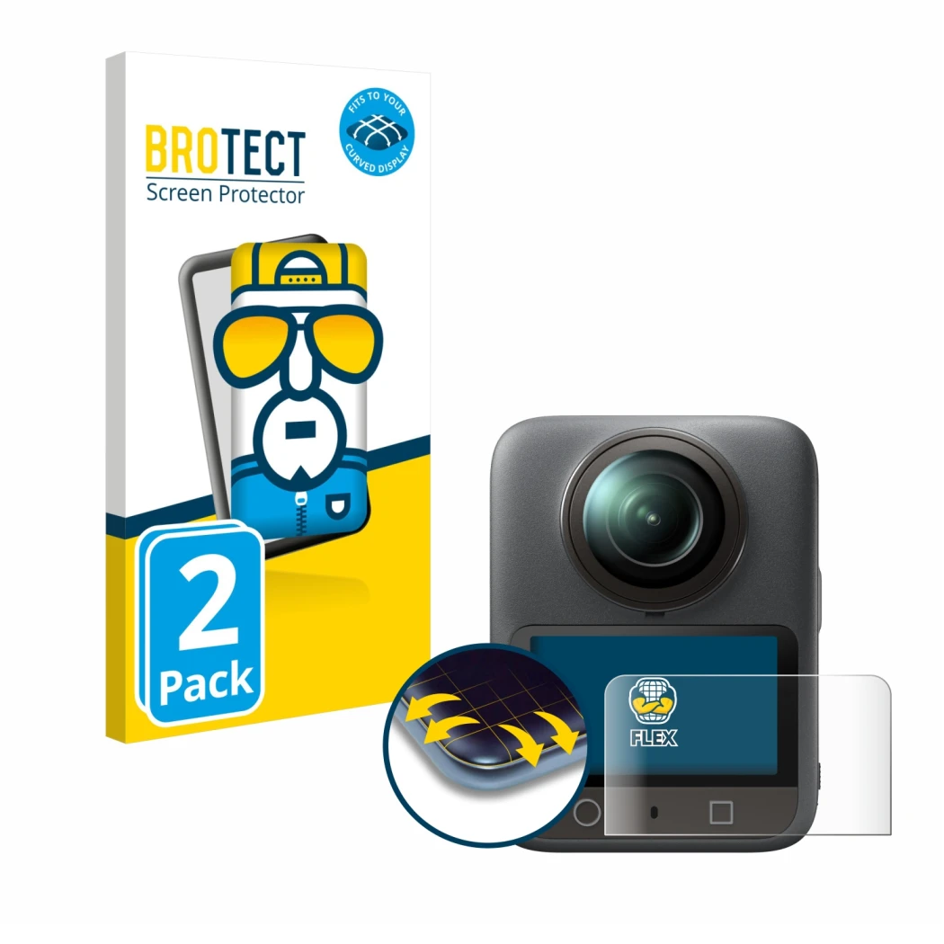 Face avant d’un emballage produit avec le logo de la marque BROTECT. À côté, l’appareil DJI Osmo 360 est représenté avec la pr