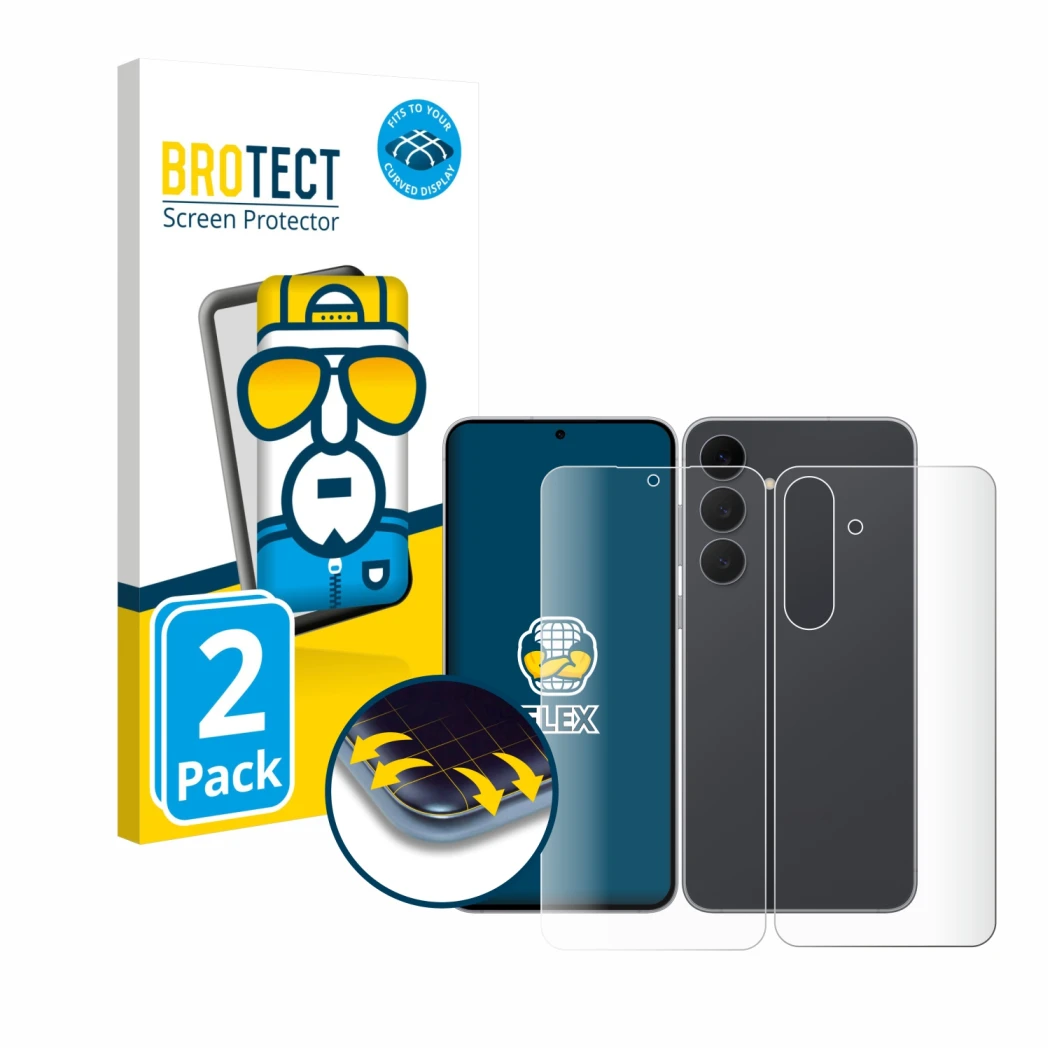 Face avant d’un emballage produit avec le logo de la marque BROTECT. À côté, l’appareil Samsung Galaxy S25 FE (Avant+Arrière)