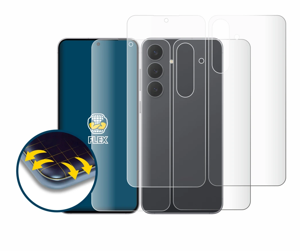 Image de l'appareil Samsung Galaxy S25 FE (Avant+Arrière) avec une grande variété de protections d'écran.