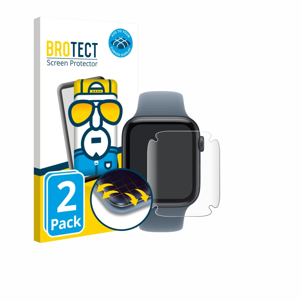 Face avant d’un emballage produit avec le logo de la marque BROTECT. À côté, l’appareil Apple Watch SE 3 (44 mm) est représent