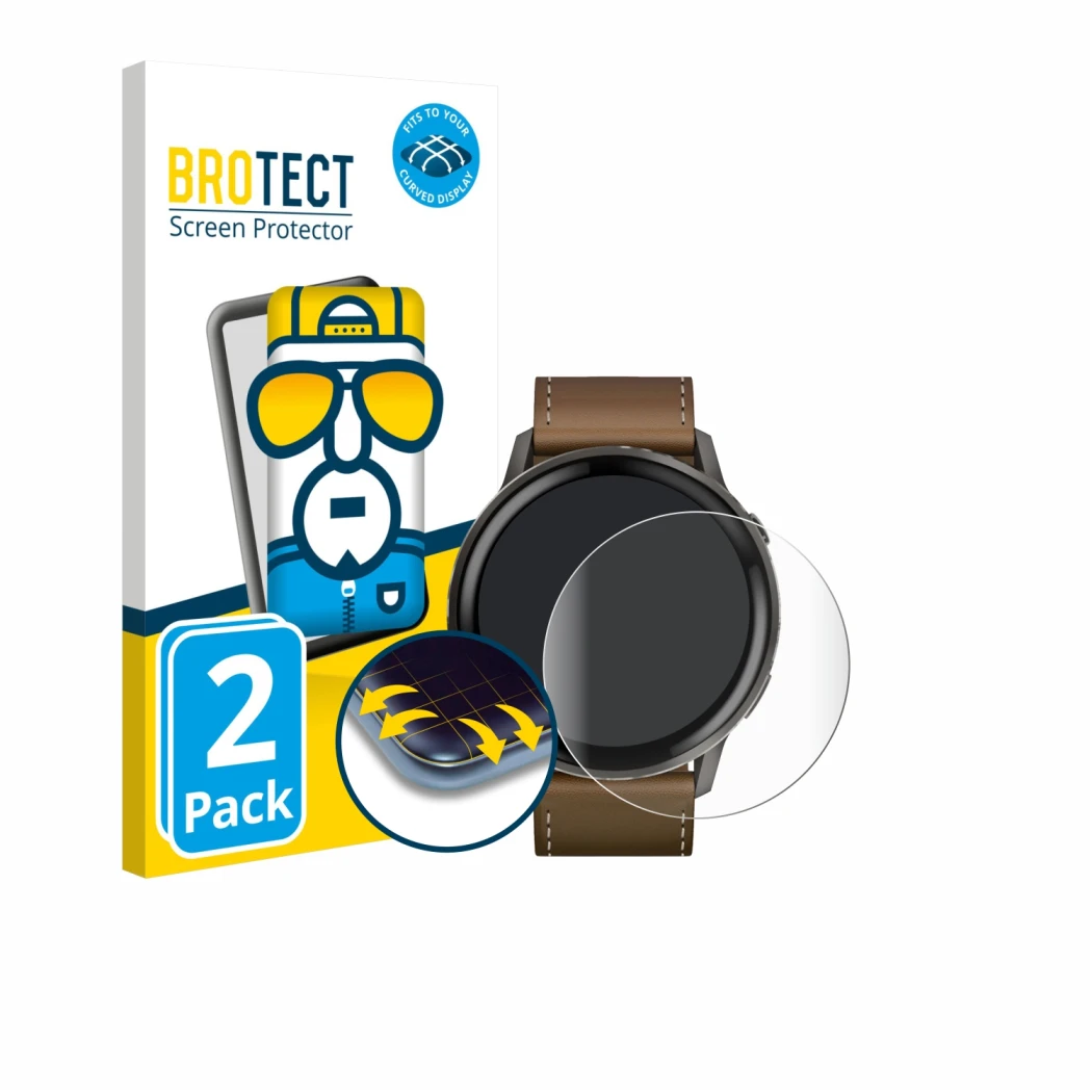 Face avant d’un emballage produit avec le logo de la marque BROTECT. À côté, l’appareil Garmin Venu 4 (45 mm) est représenté a