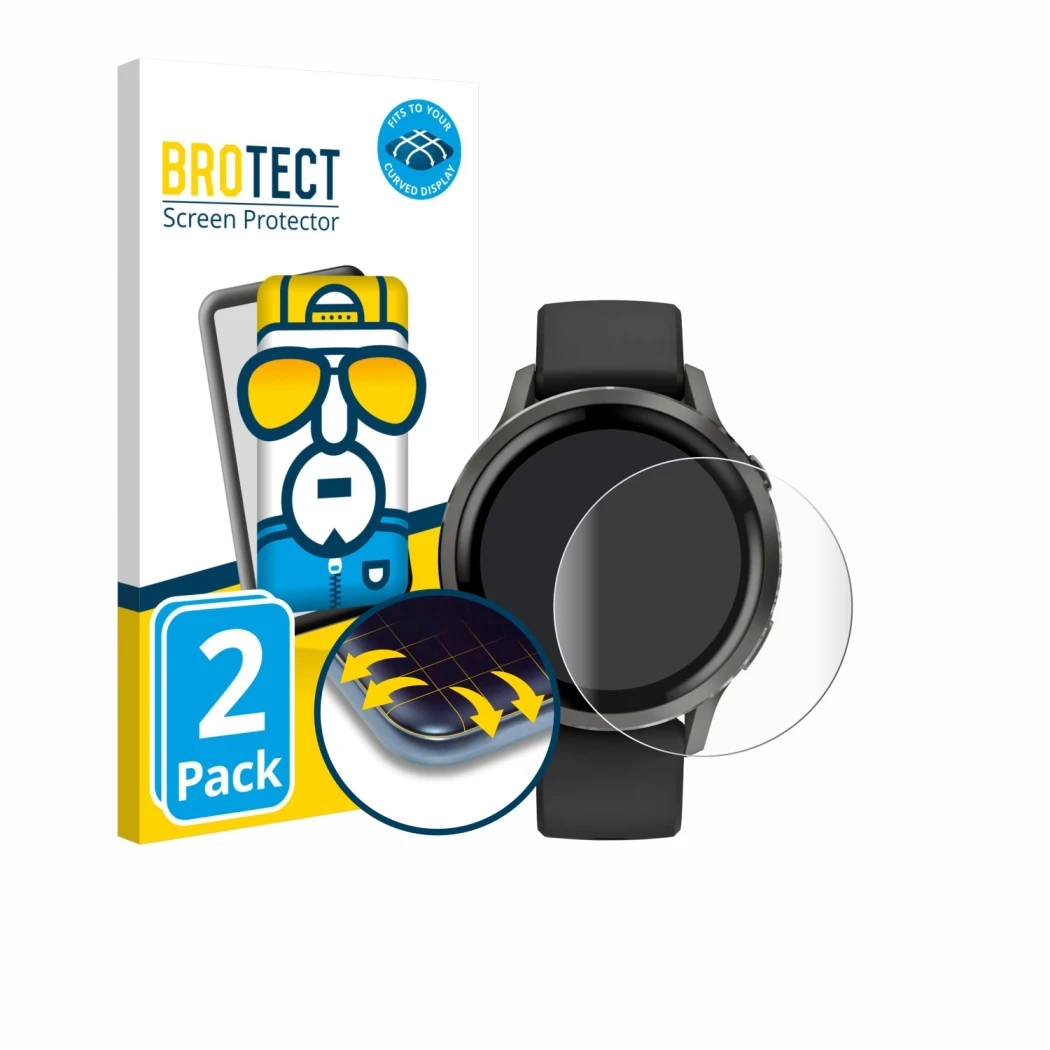 Face avant d’un emballage produit avec le logo de la marque BROTECT. À côté, l’appareil Garmin Venu 4 (41 mm) est représenté a