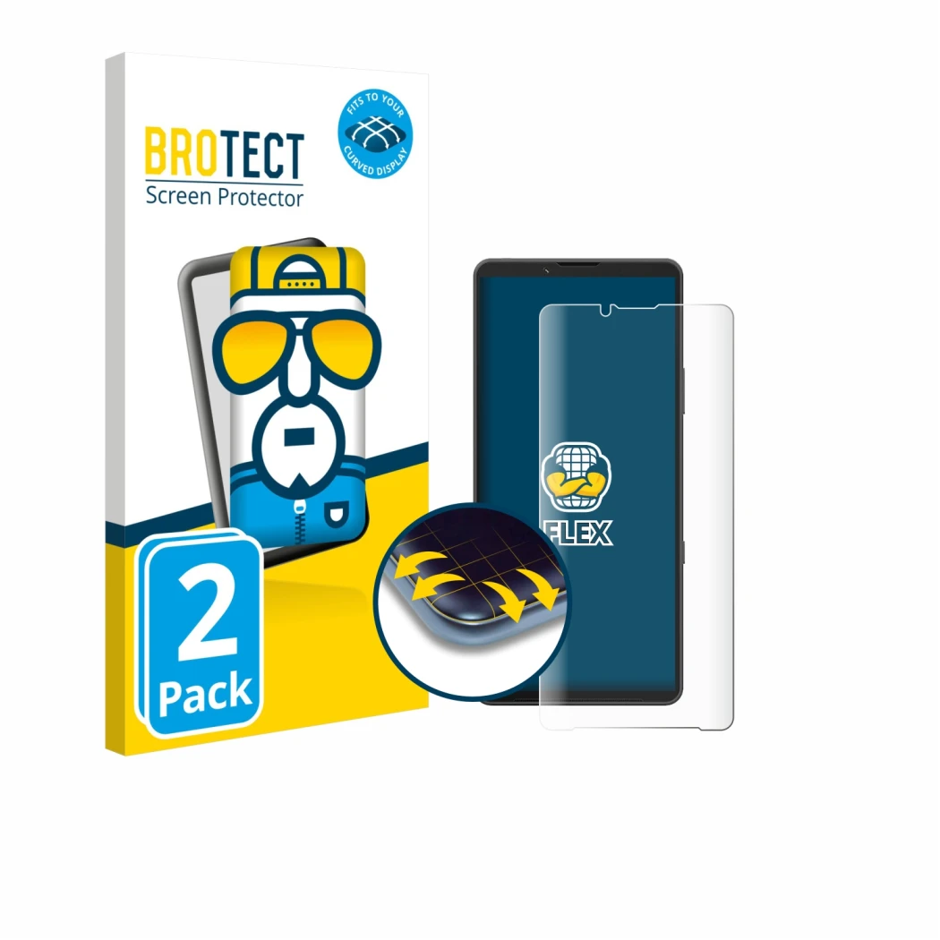 Face avant d’un emballage produit avec le logo de la marque BROTECT. À côté, l’appareil Sony Xperia 10 VII est représenté avec