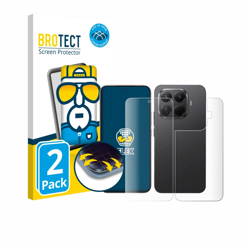 Face avant d’un emballage produit avec le logo de la marque BROTECT. À côté, l’appareil Xiaomi 15T Pro (Avant+Arrière) est rep