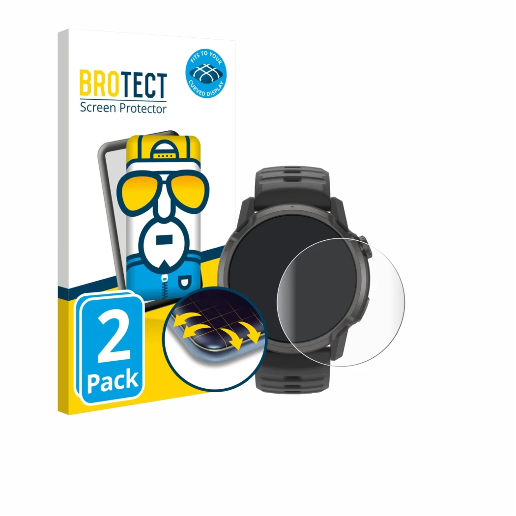 Face avant d’un emballage produit avec le logo de la marque BROTECT. À côté, l’appareil Coros Apex 4 (42 mm) est représenté av