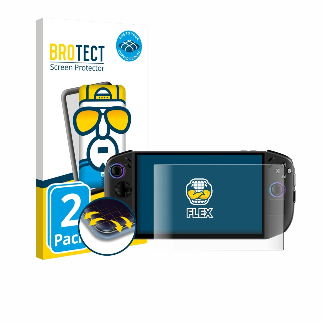 Face avant d’un emballage produit avec le logo de la marque BROTECT. À côté, l’appareil Lenovo Legion Go Gen 2 est représenté 