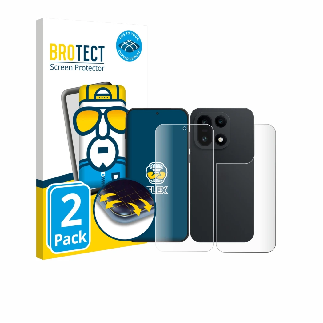 Face avant d’un emballage produit avec le logo de la marque BROTECT. À côté, l’appareil OnePlus 15 (Avant+Arrière) est représe