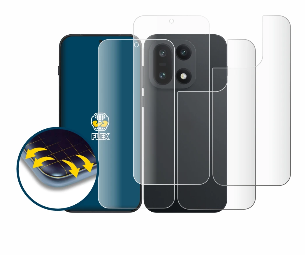 Image de l'appareil OnePlus 15 (Avant+Arrière) avec une grande variété de protections d'écran.