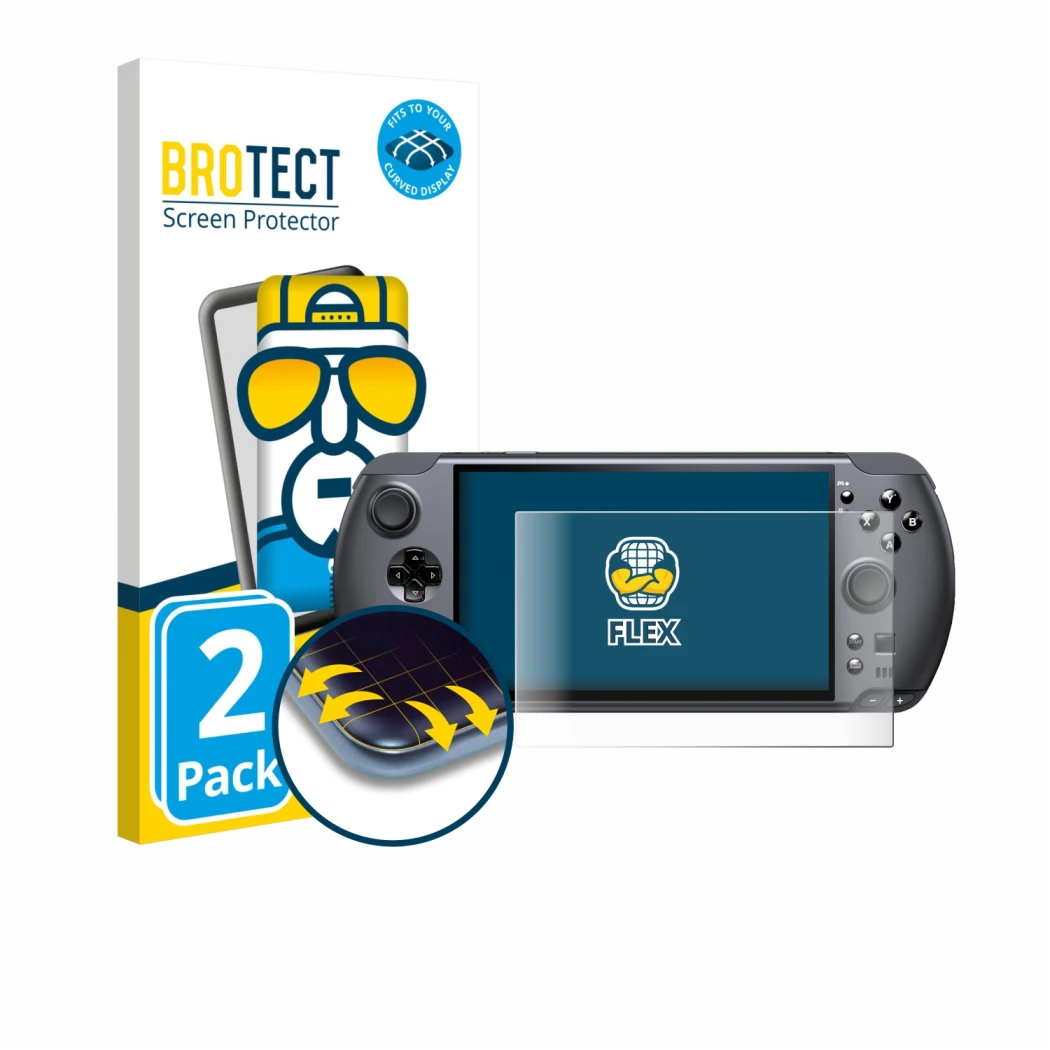 Face avant d’un emballage produit avec le logo de la marque BROTECT. À côté, l’appareil GPD Win 5 est représenté avec la prote