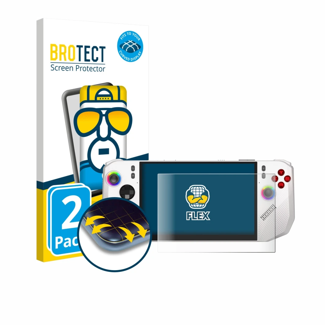 Face avant d’un emballage produit avec le logo de la marque BROTECT. À côté, l’appareil MSI Claw A8 BZ2EM est représenté avec 