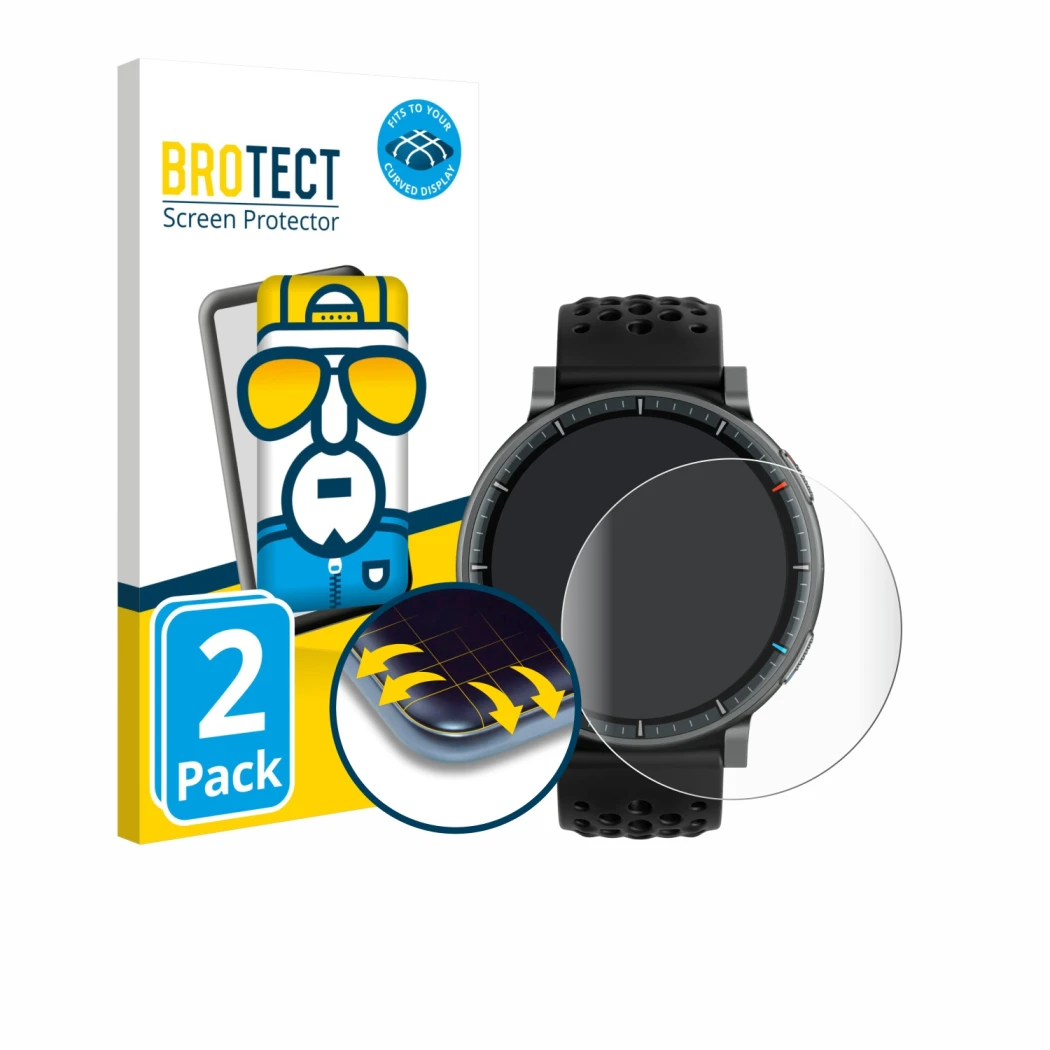 Face avant d’un emballage produit avec le logo de la marque BROTECT. À côté, l’appareil Amazfit Active Max est représenté avec