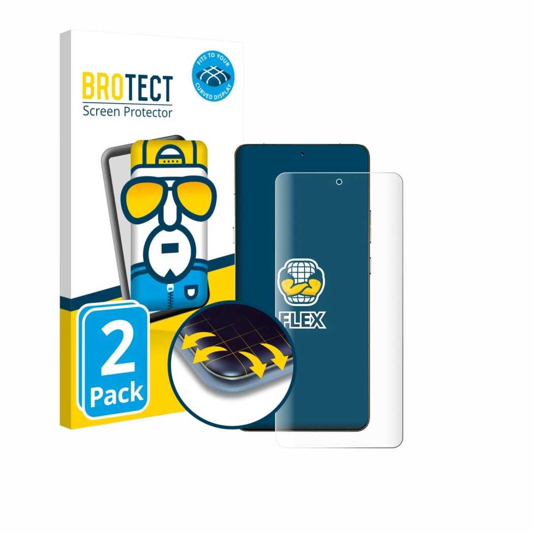 Face avant d’un emballage produit avec le logo de la marque BROTECT. À côté, l’appareil Motorola Signature est représenté avec