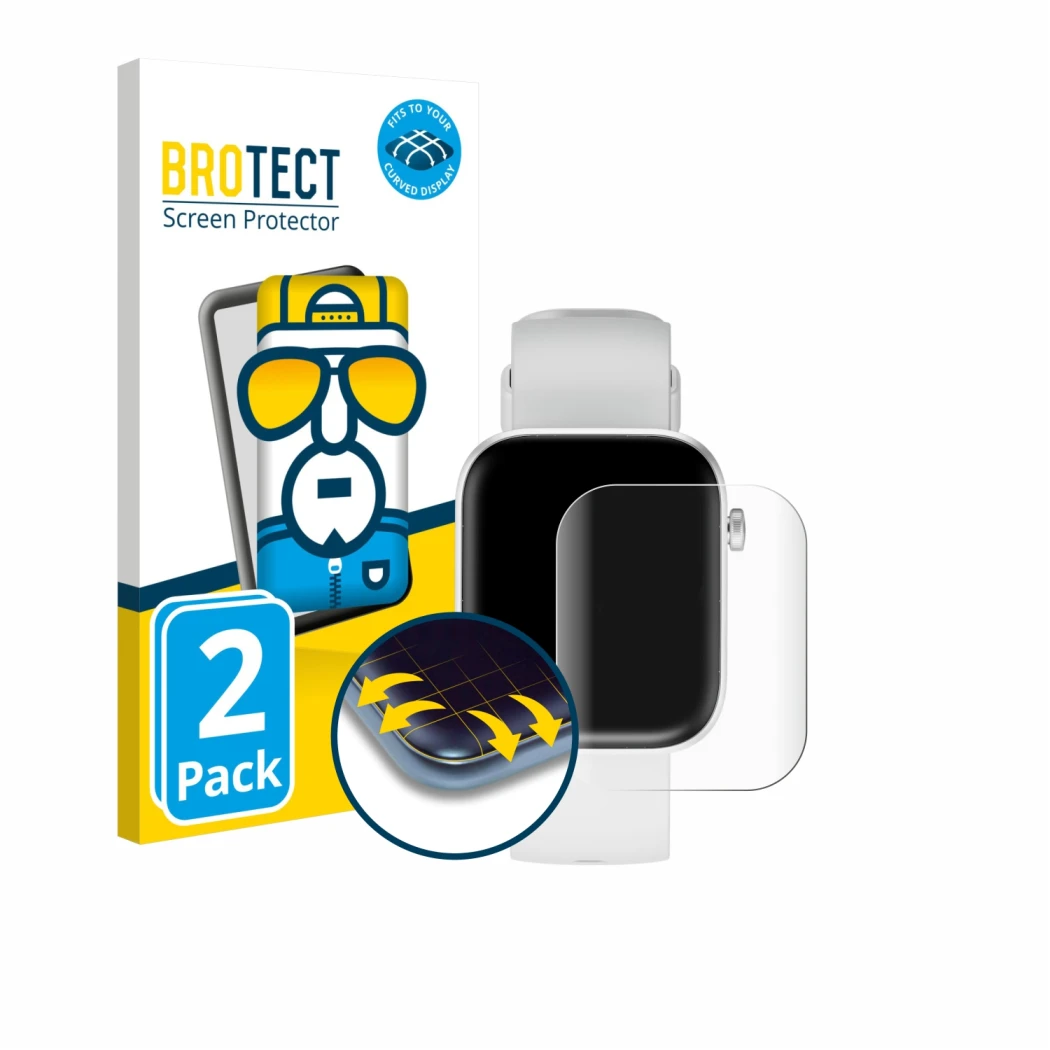 Face avant d’un emballage produit avec le logo de la marque BROTECT. À côté, l’appareil HMD Watch P1 est représenté avec la pr