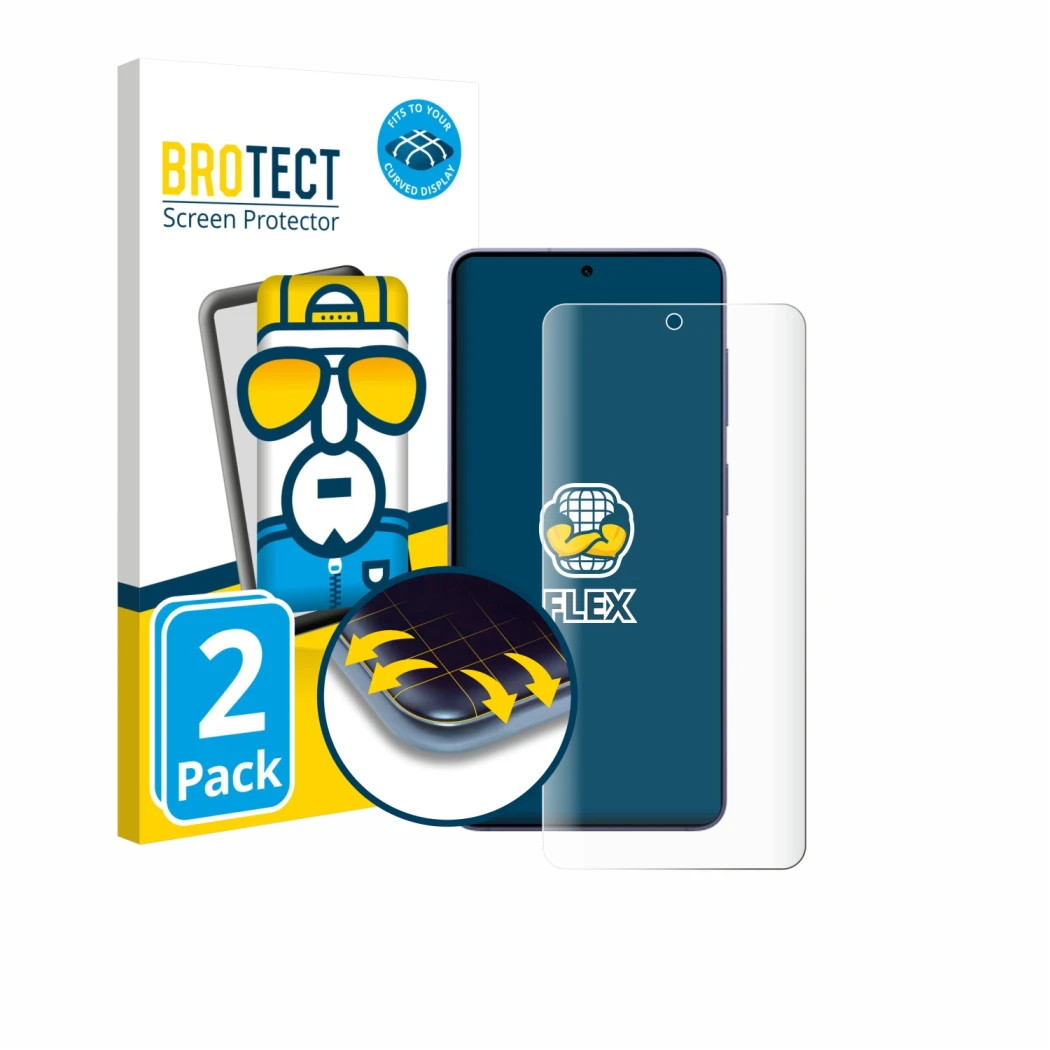 Face avant d’un emballage produit avec le logo de la marque BROTECT. À côté, l’appareil Samsung Galaxy S26 est représenté avec