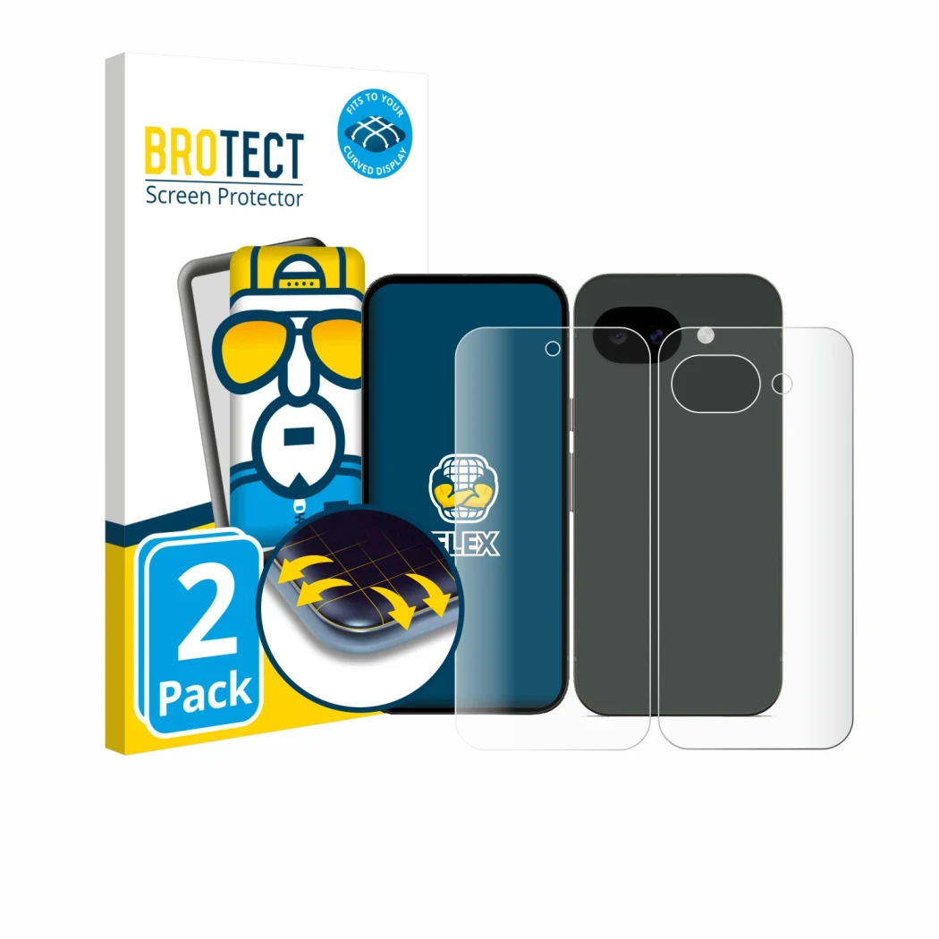 Face avant d’un emballage produit avec le logo de la marque BROTECT. À côté, l’appareil Google Pixel 10a (Avant+Arrière) est r
