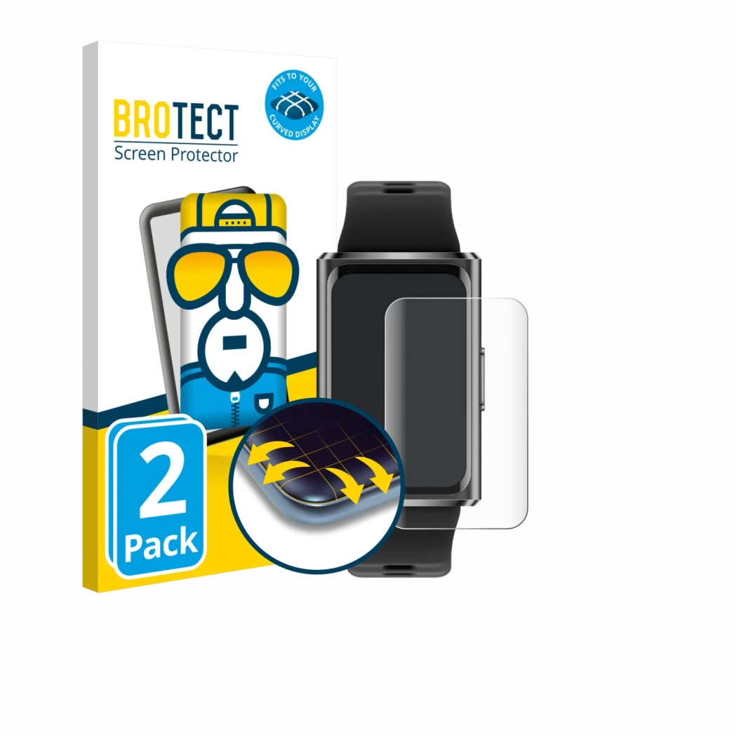 Face avant d’un emballage produit avec le logo de la marque BROTECT. À côté, l’appareil Huawei Band 11 Pro est représenté avec