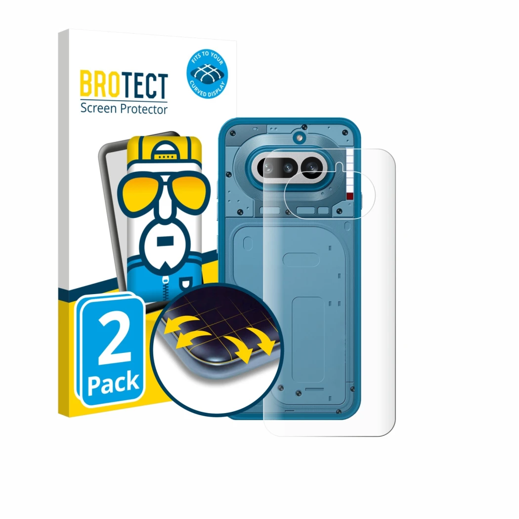 Face avant d’un emballage produit avec le logo de la marque BROTECT. À côté, l’appareil Nothing Phone (4a) (Arrière) est repré