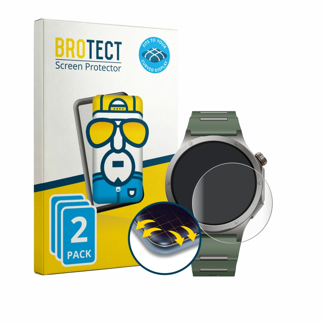 Face avant d’un emballage produit avec le logo de la marque BROTECT. À côté, l’appareil OnePlus Watch 4 est représenté avec la