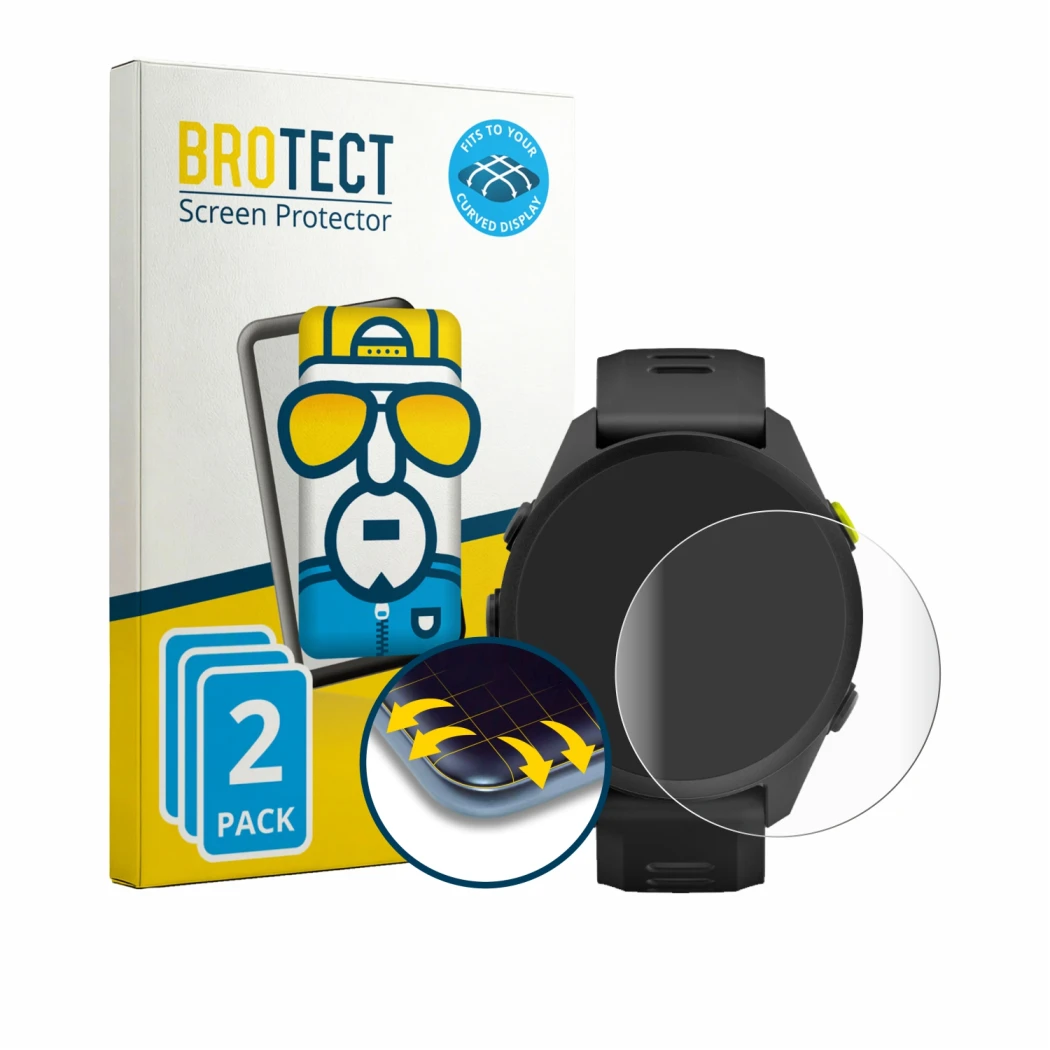 Face avant d’un emballage produit avec le logo de la marque BROTECT. À côté, l’appareil Garmin Forerunner 70 est représenté av