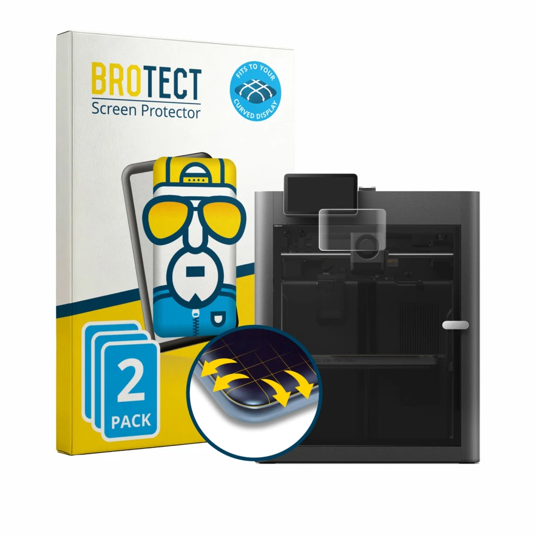 Face avant d’un emballage produit avec le logo de la marque BROTECT. À côté, l’appareil Bambu Lab X2D est représenté avec la p