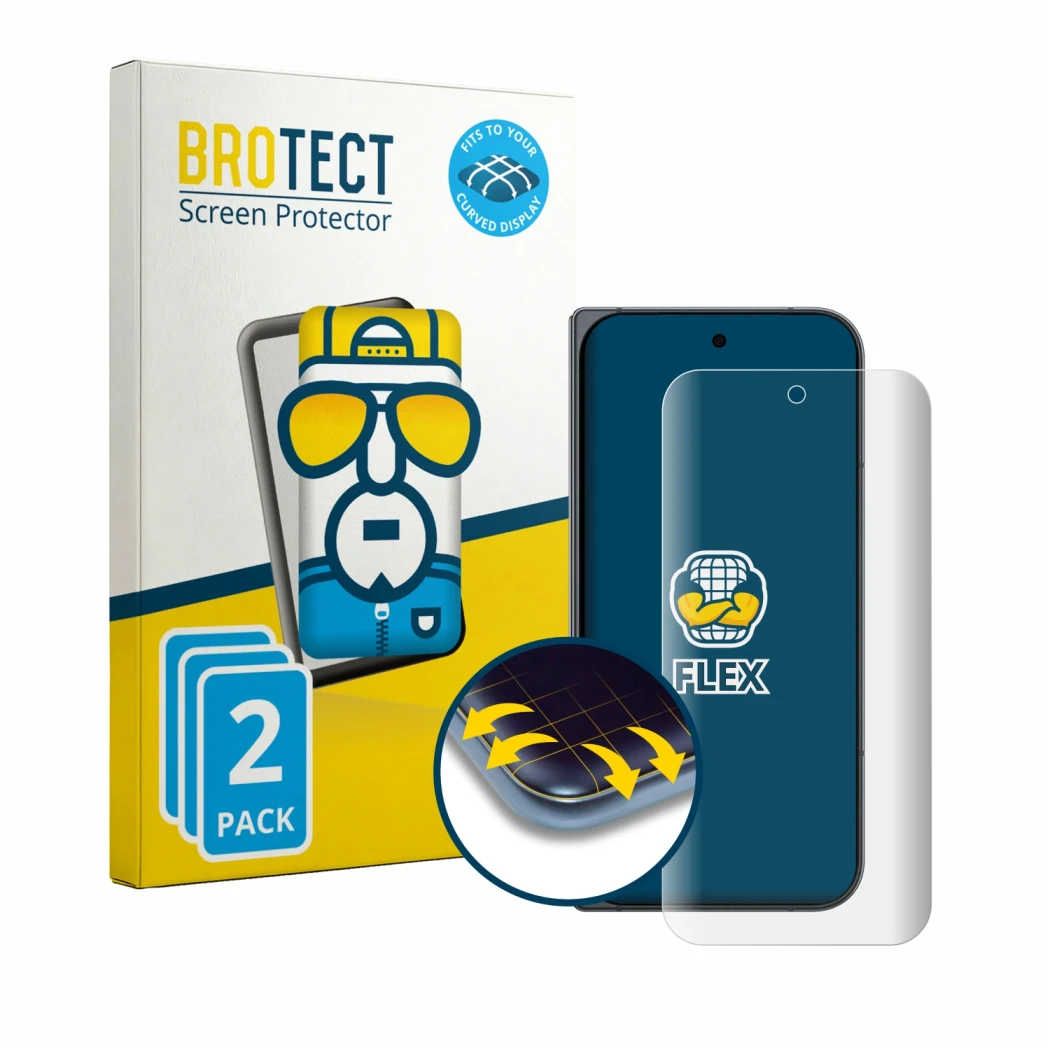 Face avant d’un emballage produit avec le logo de la marque BROTECT. À côté, l’appareil Google Pixel 11 Pro Fold est représent