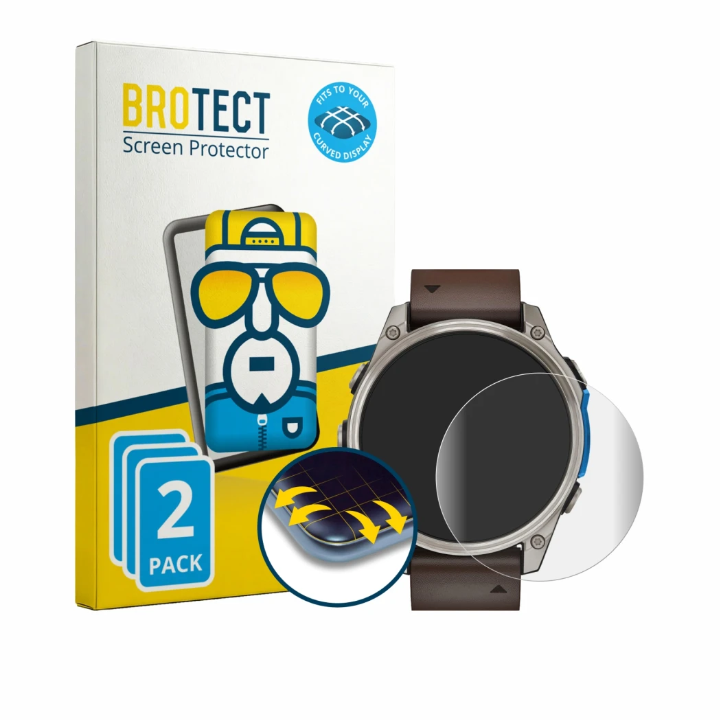 Face avant d’un emballage produit avec le logo de la marque BROTECT. À côté, l’appareil Garmin D2 Mach 2 (47 mm) est représent