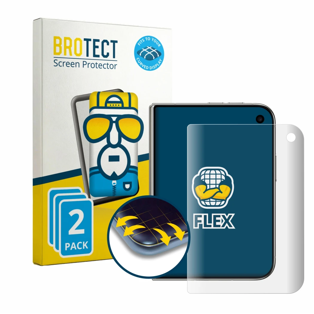 Face avant d’un emballage produit avec le logo de la marque BROTECT. À côté, l’appareil Apple iPhone Duo est représenté avec l
