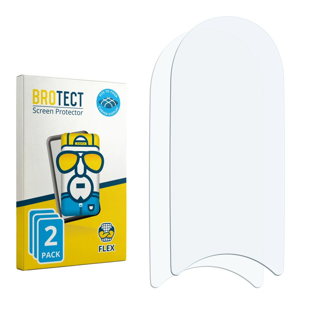 Face avant d’un emballage produit avec le logo de la marque BROTECT. À côté se trouve la protection d’écran correspondante.