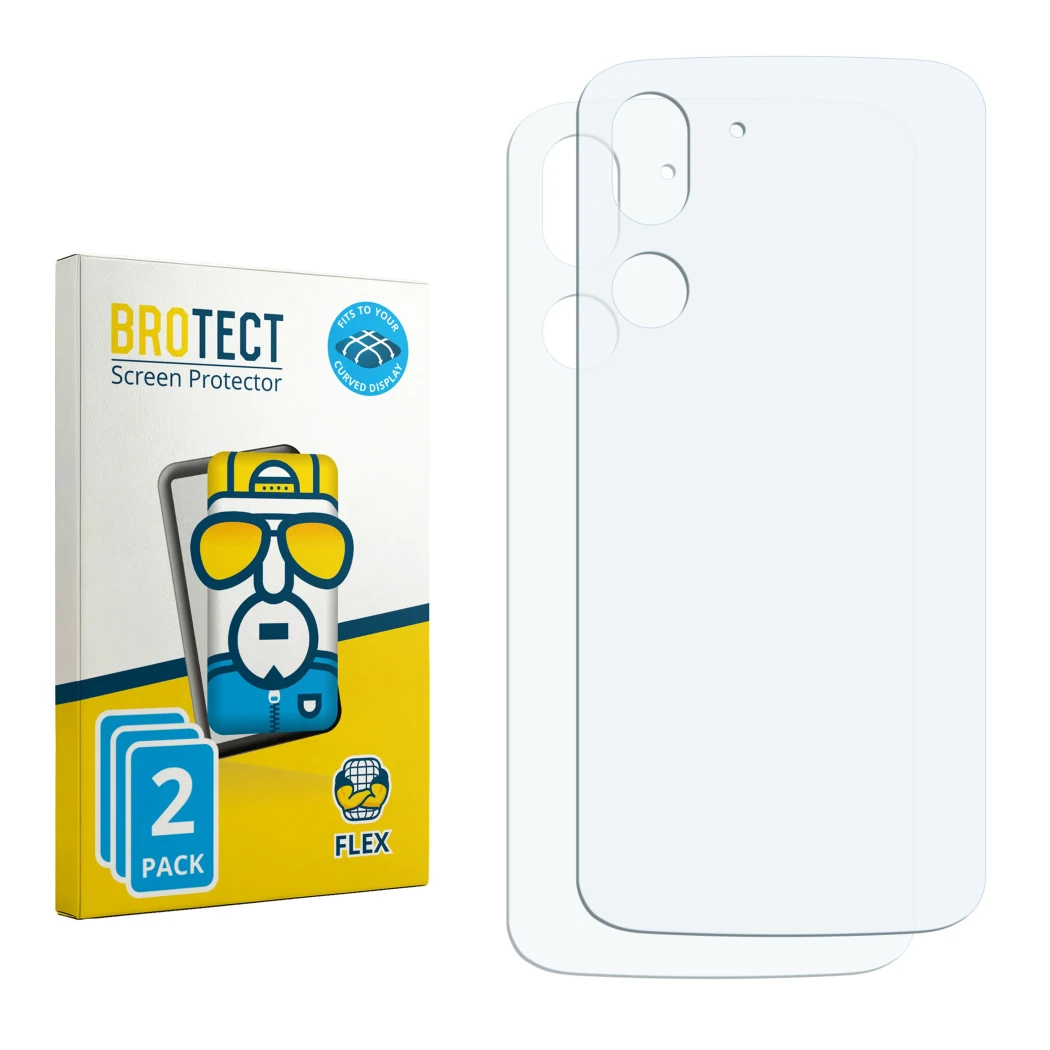 Face avant d’un emballage produit avec le logo de la marque BROTECT. À côté se trouve la protection d’écran correspondante.