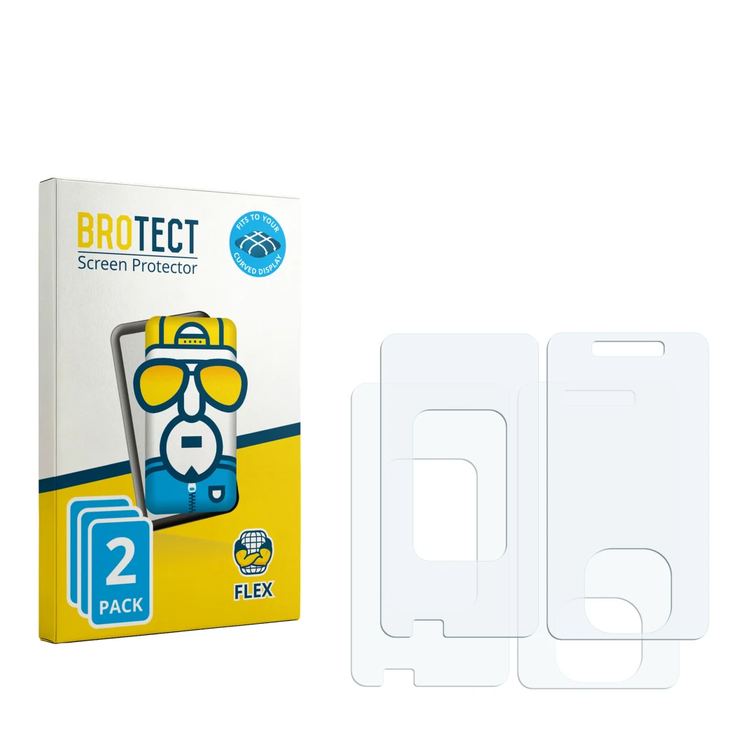 Face avant d’un emballage produit avec le logo de la marque BROTECT. À côté se trouve la protection d’écran correspondante.