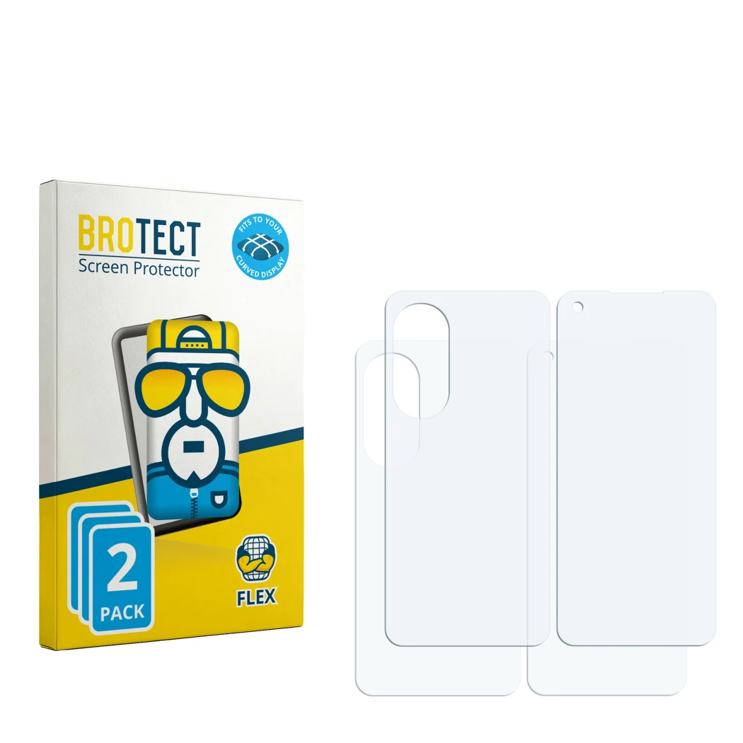 Face avant d’un emballage produit avec le logo de la marque BROTECT. À côté se trouve la protection d’écran correspondante.