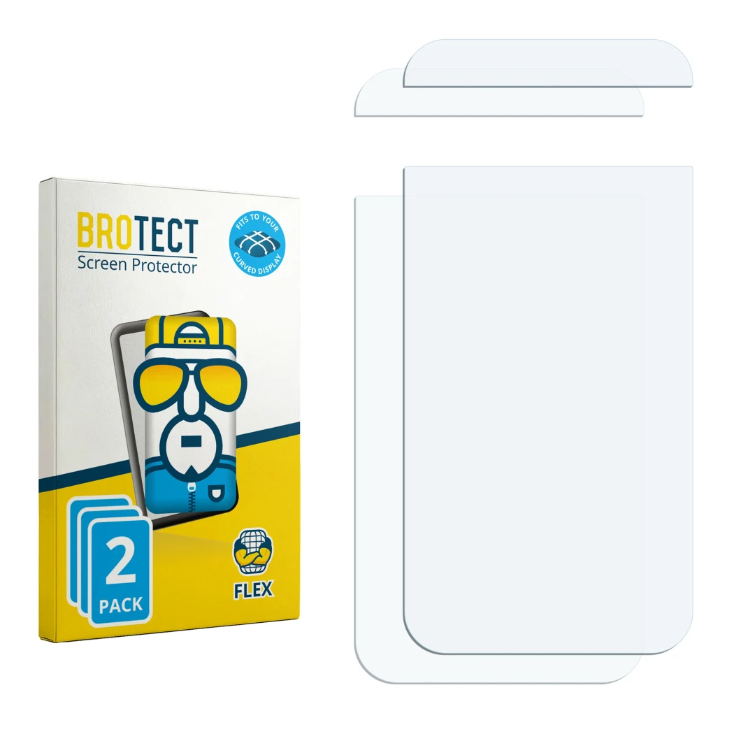 Face avant d’un emballage produit avec le logo de la marque BROTECT. À côté se trouve la protection d’écran correspondante.