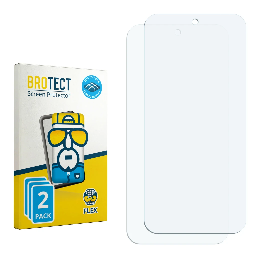 Face avant d’un emballage produit avec le logo de la marque BROTECT. À côté se trouve la protection d’écran correspondante.